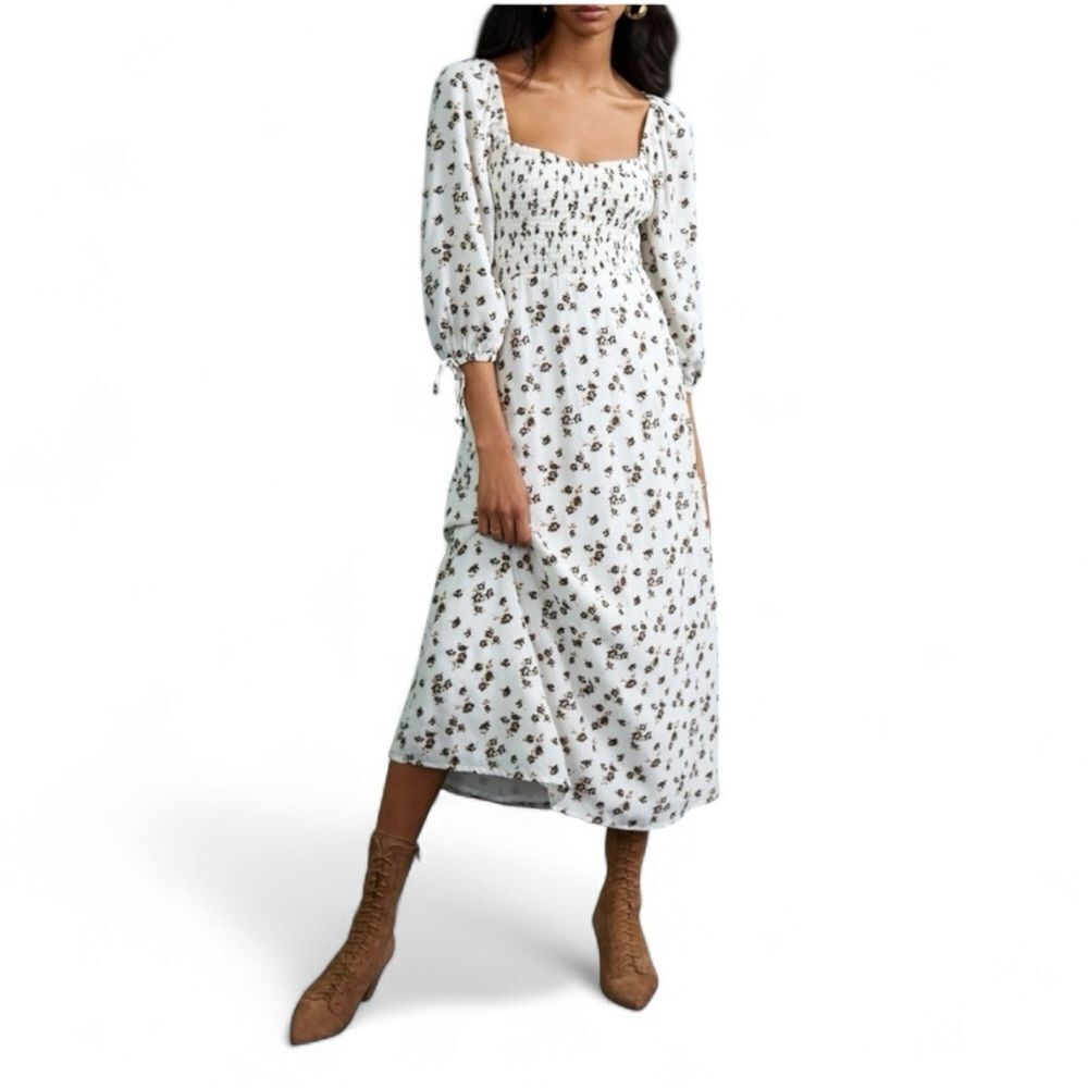 FAITHFULL THE BRAND Paola Midi Dress in Ivory / Brown Floral